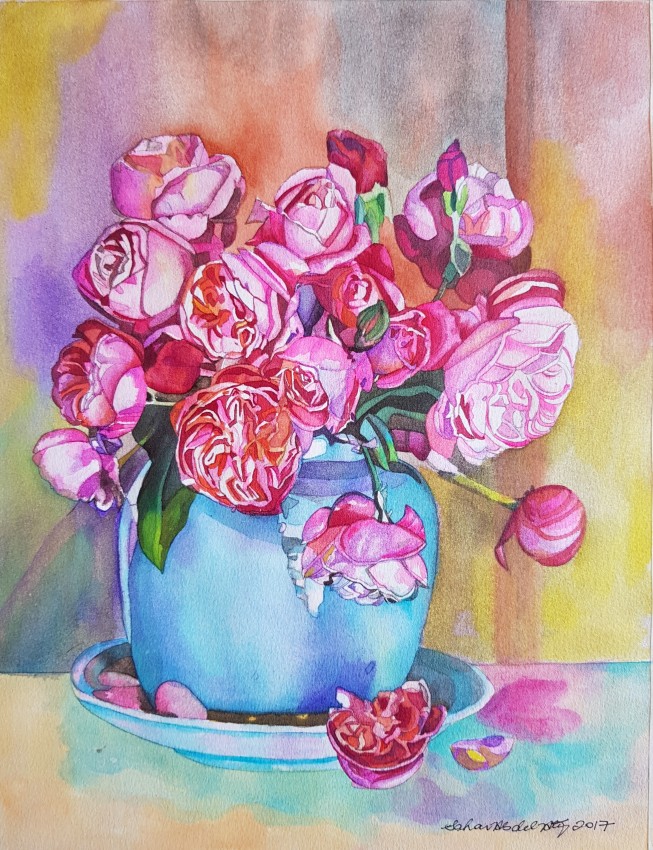 Roses in Turquoise Vase