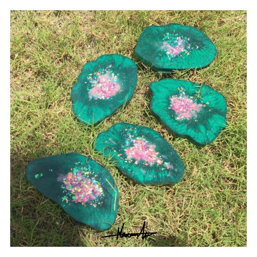 Green  Pink Resin Coasters Set