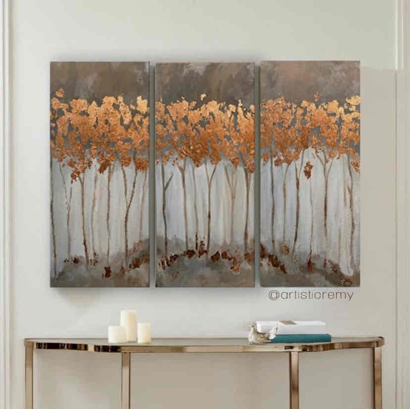 Set Of 3 Paintings Bronze Trees