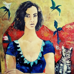 امرأة جالسة مع قطها