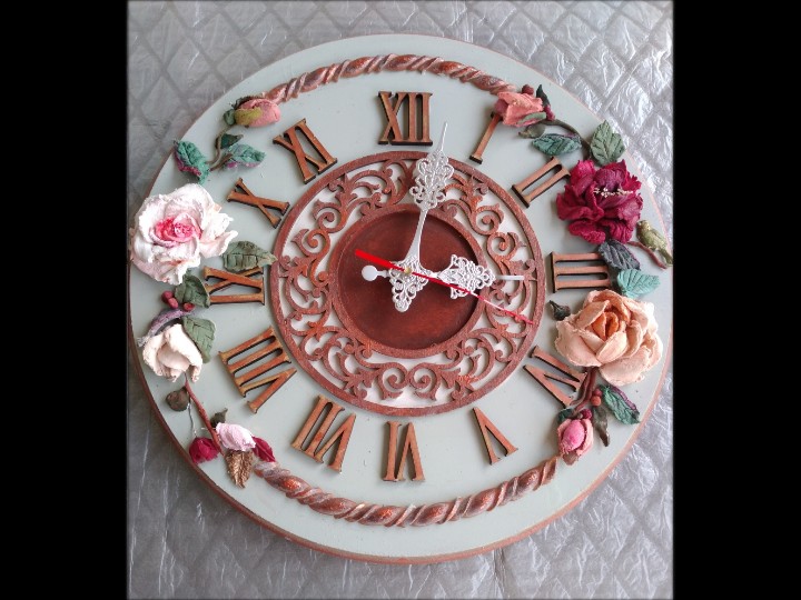 Wall Clock Handmade With Sculpted Flowers