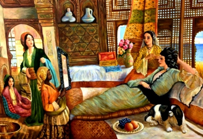 (Orientalist Art) Wealthy Lady & Her Maids